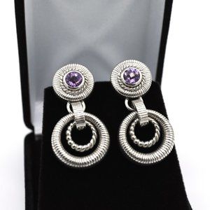 Judith Ripka Dangling Purple Gemstone Dual Hoop Sterling Silver Earrings